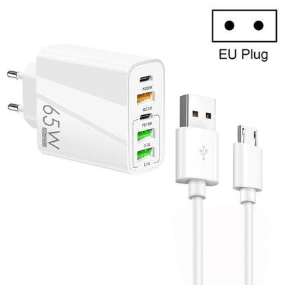 65W Dual PD Type-C + 3 x USB Multi Port Charger with 3A USB to Micro USB Data Cable, EU Plug(White) - USB Charger by buy2fix | Online Shopping UK | buy2fix