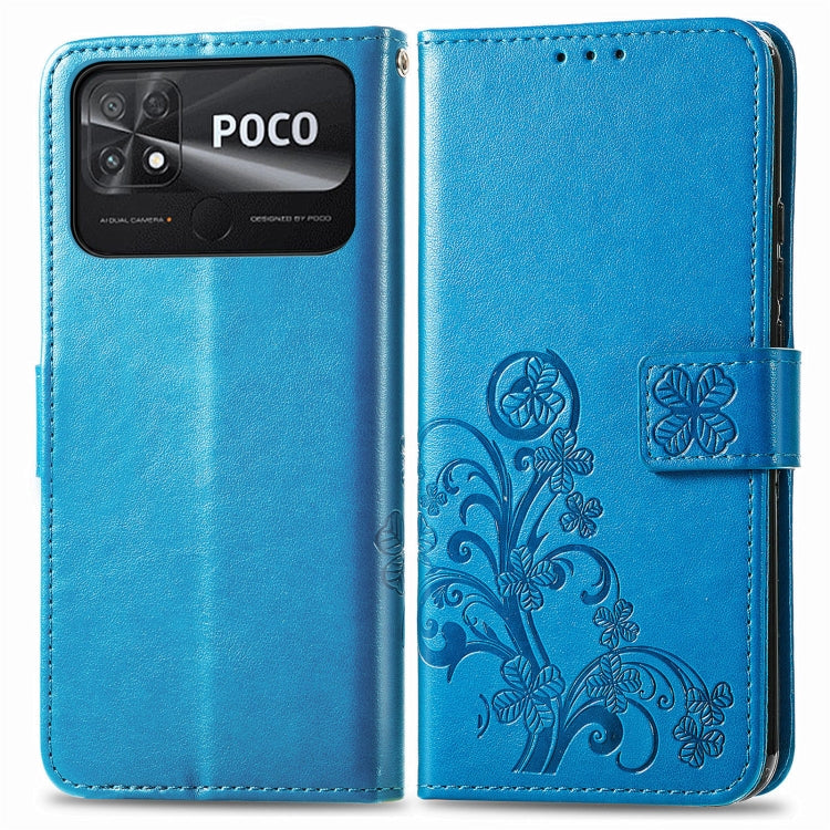 For Xiaomi Poco C40 Four-leaf Clasp Embossed Buckle Leather Phone Case(Blue) - Xiaomi Cases by buy2fix | Online Shopping UK | buy2fix
