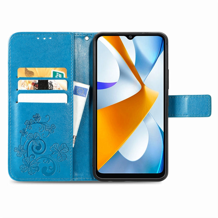For Xiaomi Poco C40 Four-leaf Clasp Embossed Buckle Leather Phone Case(Blue) - Xiaomi Cases by buy2fix | Online Shopping UK | buy2fix