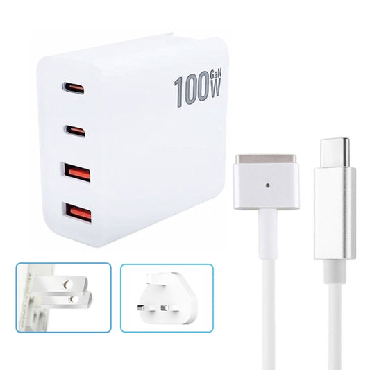 GaN 100W Dual USB-C/Type-C + Dual USB Multi Port Charger with  1.8m Type-C to MagSafe 2 / T Header Data Cable, Plug Size:US / UK Plug - Cable & Adapter by buy2fix | Online Shopping UK | buy2fix