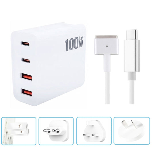 GaN 100W Dual USB-C/Type-C + Dual USB Multi Port Charger with  1.8m Type-C to MagSafe 2 / T Header Data Cable, Plug Size:US  / EU / UK / AU Plug - Cable & Adapter by buy2fix | Online Shopping UK | buy2fix