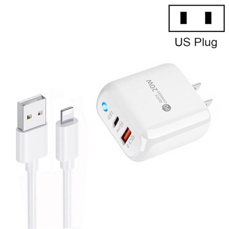 PD04 Type-C + USB Mobile Phone Charger with USB to 8 Pin Cable, US Plug(White) - USB Charger by buy2fix | Online Shopping UK | buy2fix