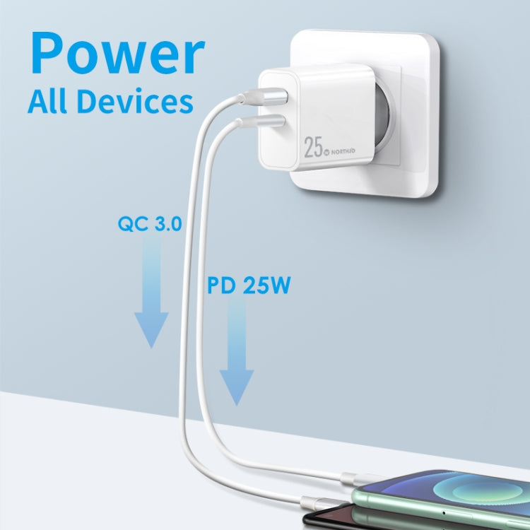 NORTHJO NOPD2502 PD 25W USB-C/Type-C + QC 3.0 USB Dual Ports Fast Charger, Plug Type:EU Plug(White) - USB Charger by NORTHJO | Online Shopping UK | buy2fix