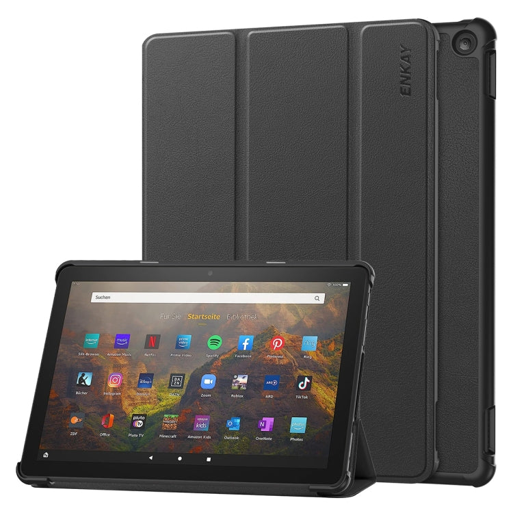 For Amazon Fire HD 10 2023 ENKAY ENKAY Tri-fold Custer Texture Leather Smart Tablet Case(Black) - Amazon by ENKAY | Online Shopping UK | buy2fix