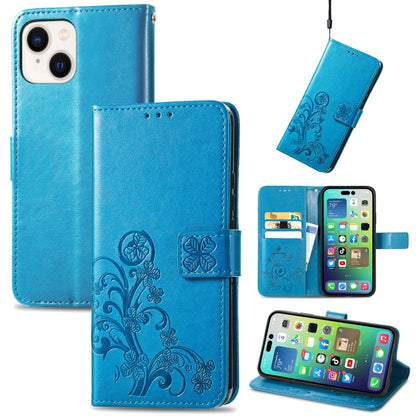 For iPhone 15 Four-leaf Clasp Embossed Buckle Leather Phone Case(Blue) - iPhone 15 Cases by buy2fix | Online Shopping UK | buy2fix