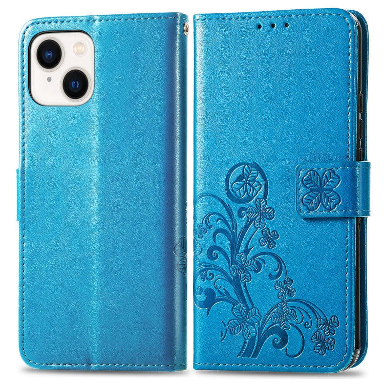 For iPhone 15 Plus Four-leaf Clasp Embossed Buckle Leather Phone Case(Blue) - iPhone 15 Plus Cases by buy2fix | Online Shopping UK | buy2fix