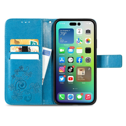 For iPhone 15 Plus Four-leaf Clasp Embossed Buckle Leather Phone Case(Blue) - iPhone 15 Plus Cases by buy2fix | Online Shopping UK | buy2fix