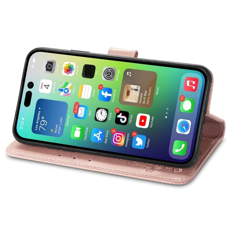 For iPhone 15 Pro Max Four-leaf Clasp Embossed Buckle Leather Phone Case(Rose Gold) - iPhone 15 Pro Max Cases by buy2fix | Online Shopping UK | buy2fix
