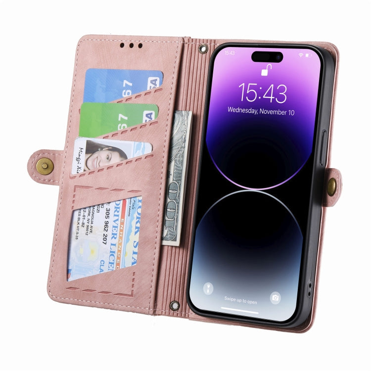 For iPhone 14 Plus Geometric Zipper Wallet Side Buckle Leather Phone Case(Pink) - iPhone 14 Plus Cases by buy2fix | Online Shopping UK | buy2fix