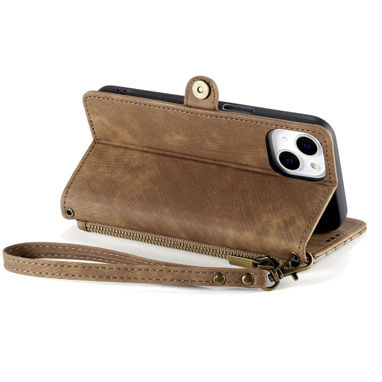 For iPhone 15 Plus Geometric Zipper Wallet Side Buckle Leather Phone Case(Brown) - iPhone 15 Plus Cases by buy2fix | Online Shopping UK | buy2fix