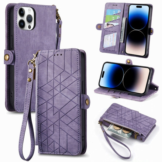 For iPhone 15 Pro Max Geometric Zipper Wallet Side Buckle Leather Phone Case(Purple) - iPhone 15 Pro Max Cases by buy2fix | Online Shopping UK | buy2fix