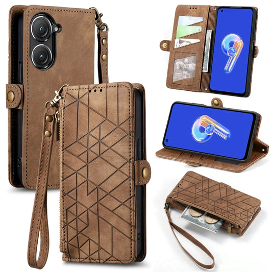For ASUS Zenfone 10 Geometric Zipper Wallet Side Buckle Leather Phone Case(Brown) - ASUS Cases by buy2fix | Online Shopping UK | buy2fix