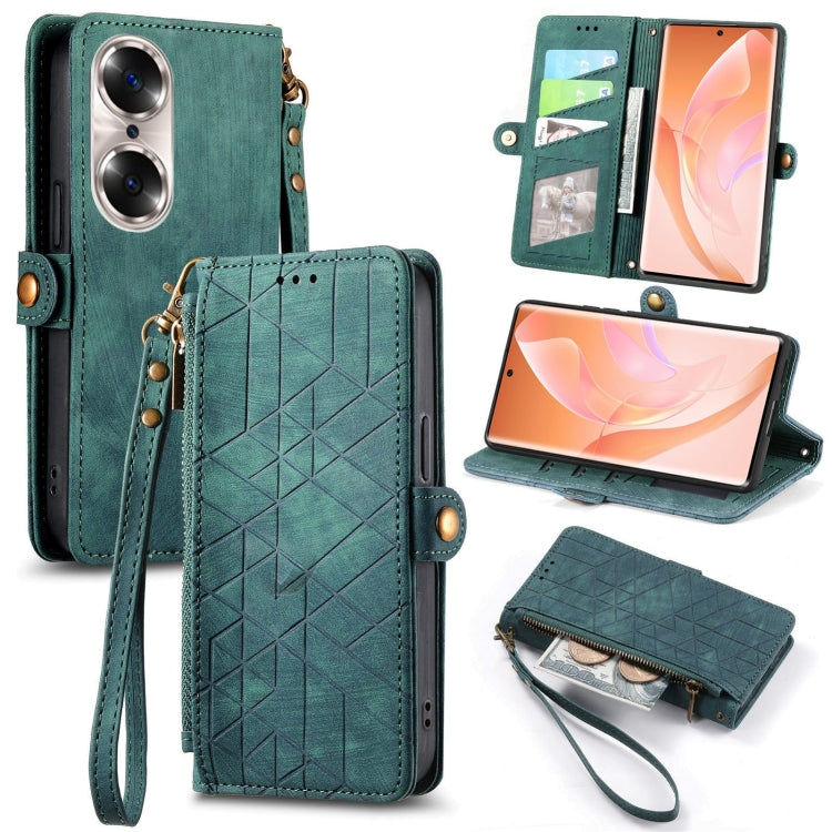 For Honor 60 Pro Geometric Zipper Wallet Side Buckle Leather Phone Case(Green) - Honor Cases by buy2fix | Online Shopping UK | buy2fix