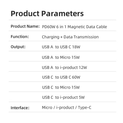 ENKAY 6-in-1 PD60W USB-A / Type-C to Type-C / 8 Pin / Micro USB Magnetic Fast Charging Cable, Cable Length:1m(Purple) - Charging Cable & Head by ENKAY | Online Shopping UK | buy2fix