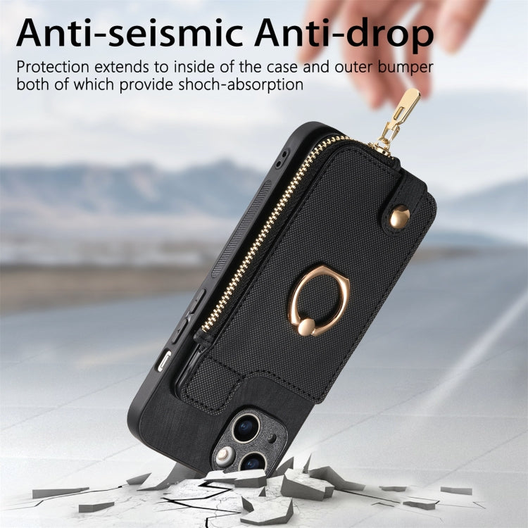 For iPhone 15 Pro Max Cross Leather Ring Vertical Zipper Wallet Back Phone Case(Black) - iPhone 15 Pro Max Cases by buy2fix | Online Shopping UK | buy2fix