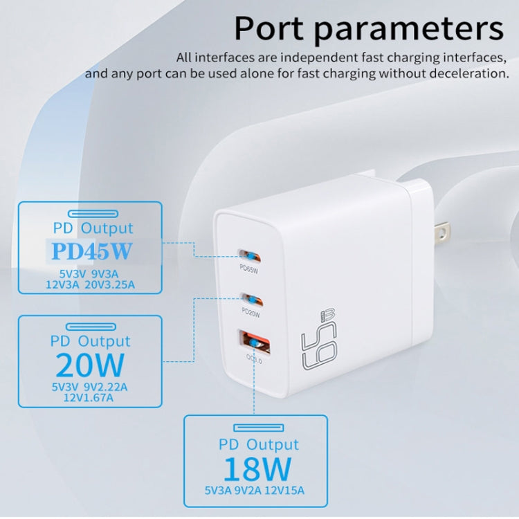 GAN 65W PD45W Dual Type-C+QC3.0 USB Multi Compatible Laptop Adapter EU + US + AU + UK Plug Black - Power Supply by buy2fix | Online Shopping UK | buy2fix