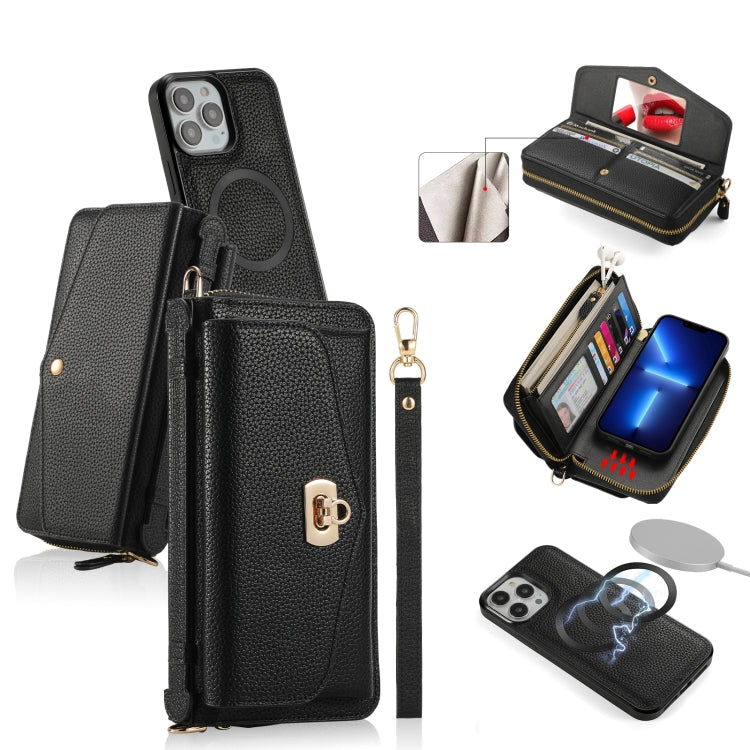 For iPhone 13 Pro MagSafe Crossbody Multi-functional Zipper Wallet Litchi Leather Phone Case(Black) - iPhone 13 Pro Cases by buy2fix | Online Shopping UK | buy2fix