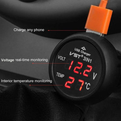 3 In 1 Car USB Charger Car Cigarette Lighter With Voltage Detection Display Multi-function Monitoring Table(Red) - In Car by buy2fix | Online Shopping UK | buy2fix