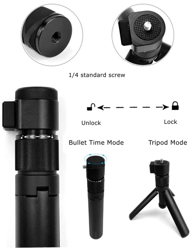 Bullet Time Rotary Handle Panoramic Camera Selfie Extension Rod Tripod Integrated for GoPro Hero11 Black / HERO10 Black /9 Black /8 Black /7 /6 /5 /5 Session /4 Session /4 /3+ /3 /2 /1, DJI Osmo Action and Other Action Cameras(Black) - DJI & GoPro Accessories by Kulger | Online Shopping UK | buy2fix