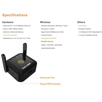 PIX-LINK WR22 300Mbps Wifi Wireless Signal Amplification Enhancement Extender, Plug Type:EU Plug(Black) -  by PIX-LINK | Online Shopping UK | buy2fix