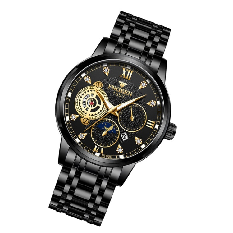 FNGEEN 2166 Men Three-eye Hollow Quartz Watch Student Sports Electronic Watch(Black Steel Black Surface Gold Nails) - Metal Strap Watches by FNGEEN | Online Shopping UK | buy2fix