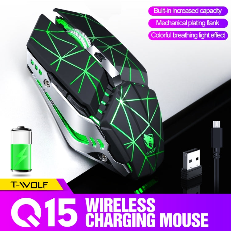 T-WOLF Q15 6-Buttons 1600 DPI Wireless Rechargeable Mute Office Gaming Mouse with 7 Color Breathing Light(Technology Black) - Wireless Mice by T-WOLF | Online Shopping UK | buy2fix