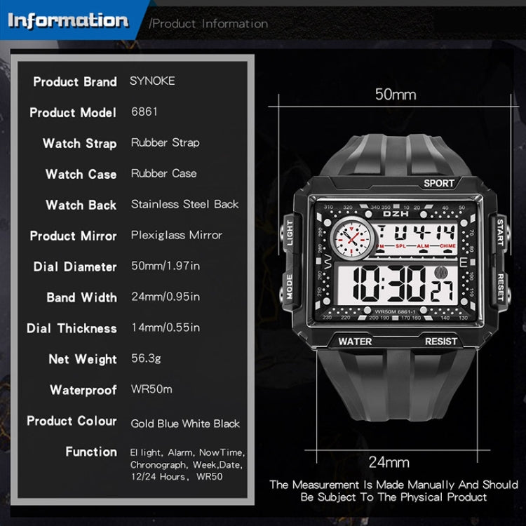 SYNOKE 6861 Outdoor Luminous Waterproof Multi-Function Square Large Screen Display Sports Electronic Watch(Black Gold) - LED Digital Watches by SYNOKE | Online Shopping UK | buy2fix