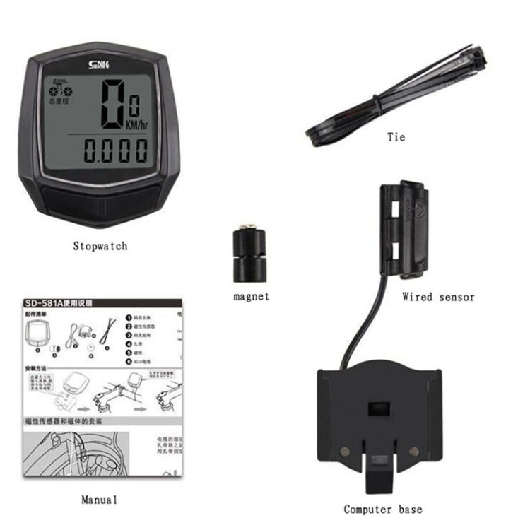 SUNDING SD-581 Bicycle Wired Code Meter Speedometer Odometer(English Display) - Speedometers by SUNDING | Online Shopping UK | buy2fix