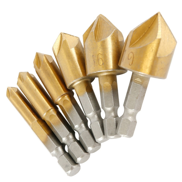 6 PCS / Set 6-19mm  Hexagonal Handle Titanium-Plated Five-Blade Chamer 90 Degree Chamfer Knife Drill - Drill & Drill Bits by buy2fix | Online Shopping UK | buy2fix