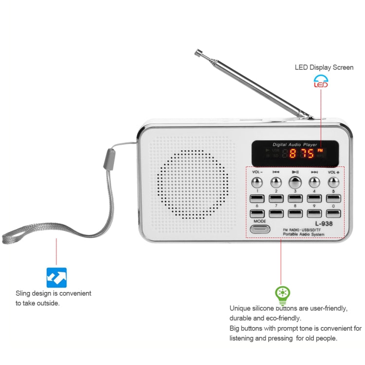 L-938  MP3 Audio Player FM Radio Support  SD MMC Card AUX-IN Earphone-out(White) - Consumer Electronics by buy2fix | Online Shopping UK | buy2fix