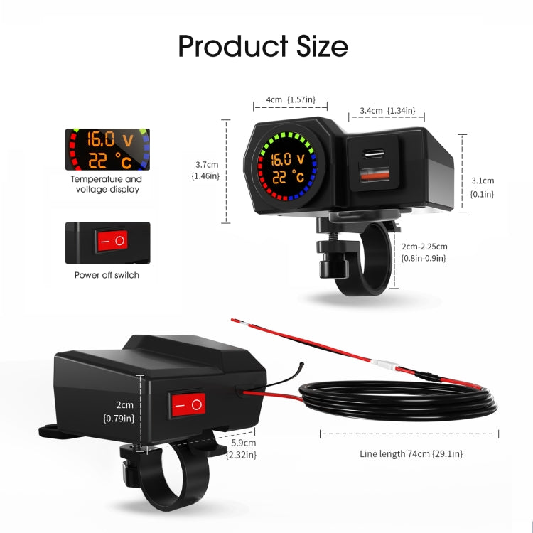 WUPP CS-1747A2 Motorcycle Voltage Temperature Digital Display USB+Type-C Phone Charger - In Car by WUPP | Online Shopping UK | buy2fix