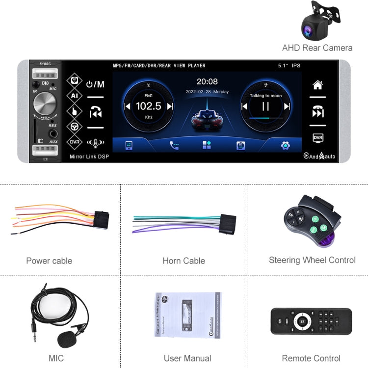 A2905 5.1 inch IPS Capacitive Screen Single Butt Carplay Player, Style: Standard+AHD Camera - In Car by buy2fix | Online Shopping UK | buy2fix