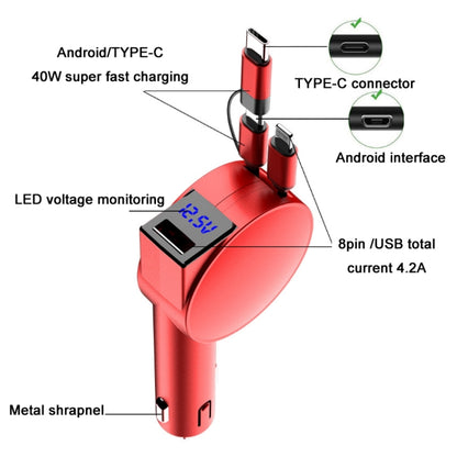 3 In 1 60W Fast Charging Dual Cable Retractable Car Charger(Black) - In Car by buy2fix | Online Shopping UK | buy2fix