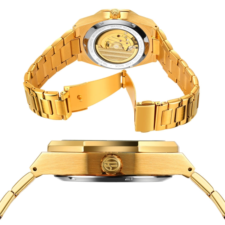 FORSINING F980 Luminous Three Eye Six Shot Weekly Steel Belt Men Fully Automatic Mechanical Watch(Gold Belt Black Face) - Metal Strap Watches by FORSINING | Online Shopping UK | buy2fix