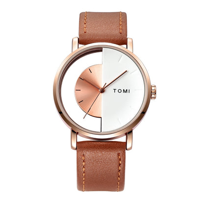 TOMI T080 Hollow Design Half See-through Unisex Quartz Watch(White Face Rose Shell Brown Strap) - Leather Strap Watches by buy2fix | Online Shopping UK | buy2fix