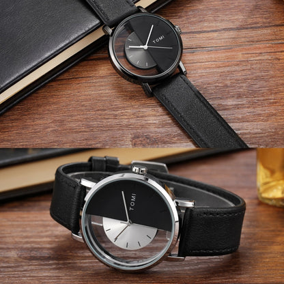 TOMI T080 Hollow Design Half See-through Unisex Quartz Watch(Black White Face Black Strap) - Leather Strap Watches by buy2fix | Online Shopping UK | buy2fix