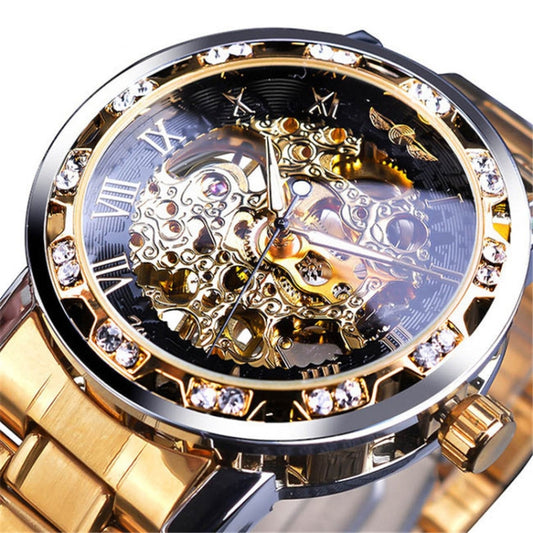 Winner Leisure Skeleton Diamond Luminous Pointer Watch Men Manual Mechanical Watch(Gold Belt Gold Shell Gold Face) - Metal Strap Watches by Winner | Online Shopping UK | buy2fix