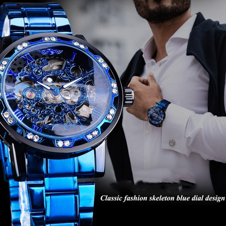 Winner Leisure Skeleton Diamond Luminous Pointer Watch Men Manual Mechanical Watch(Silver Belt Blue Circle Blue Face) - Metal Strap Watches by Winner | Online Shopping UK | buy2fix