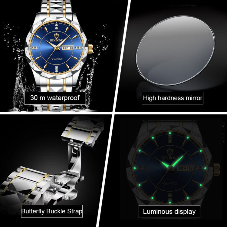 BINBOND B5552 Luminous Multifunctional Business Calendar Quartz Watch(Black Steel-Black-Gold) - Metal Strap Watches by BINBOND | Online Shopping UK | buy2fix