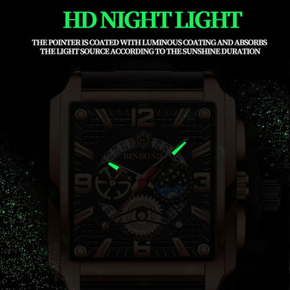 BINBOND B6575 Men Vintage Square Multifunctional Luminous Quartz Watch, Color: Black Leather-Full Black-Black - Metal Strap Watches by BINBOND | Online Shopping UK | buy2fix