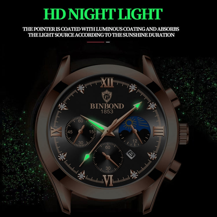 BINBOND B3591 30m Waterproof Luminous Calendar Men Watch, Color: Rose Gold-Black - Metal Strap Watches by BINBOND | Online Shopping UK | buy2fix
