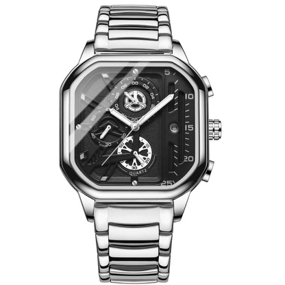 BINBOND B6577 30M Waterproof Luminous Square Quartz Watch, Color: White Steel-Black-White - Metal Strap Watches by BINBOND | Online Shopping UK | buy2fix