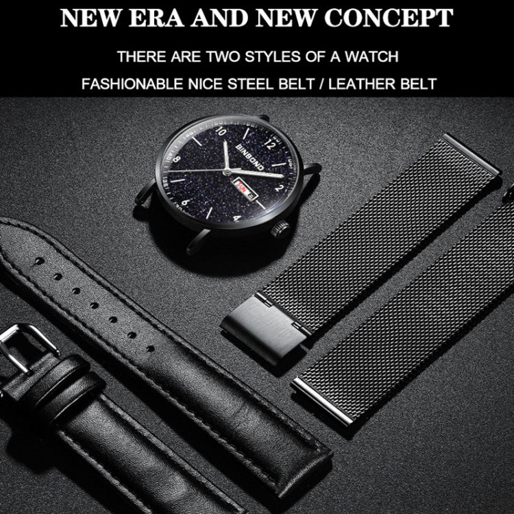 BINBOND B3820 30M Waterproof Ultra-thin Quartz Luminous Starry Watch, Color: Black Leather-Black-Black - Metal Strap Watches by BINBOND | Online Shopping UK | buy2fix