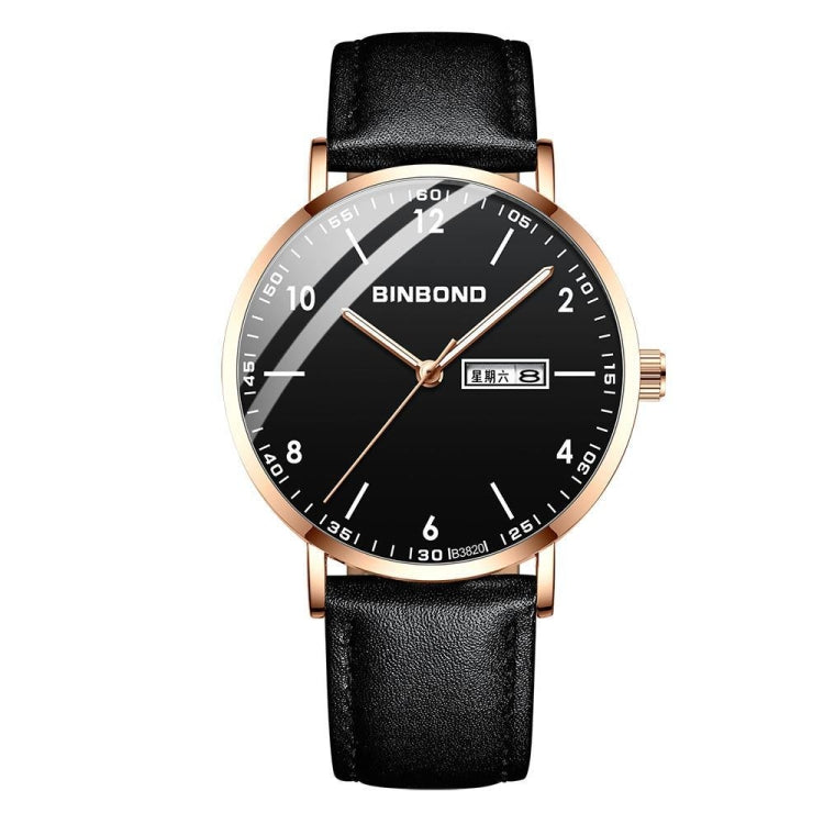 BINBOND B3820 30M Waterproof Ultra-thin Quartz Luminous Starry Watch, Color: Black Leather-Rose Gold-Black - Metal Strap Watches by BINBOND | Online Shopping UK | buy2fix