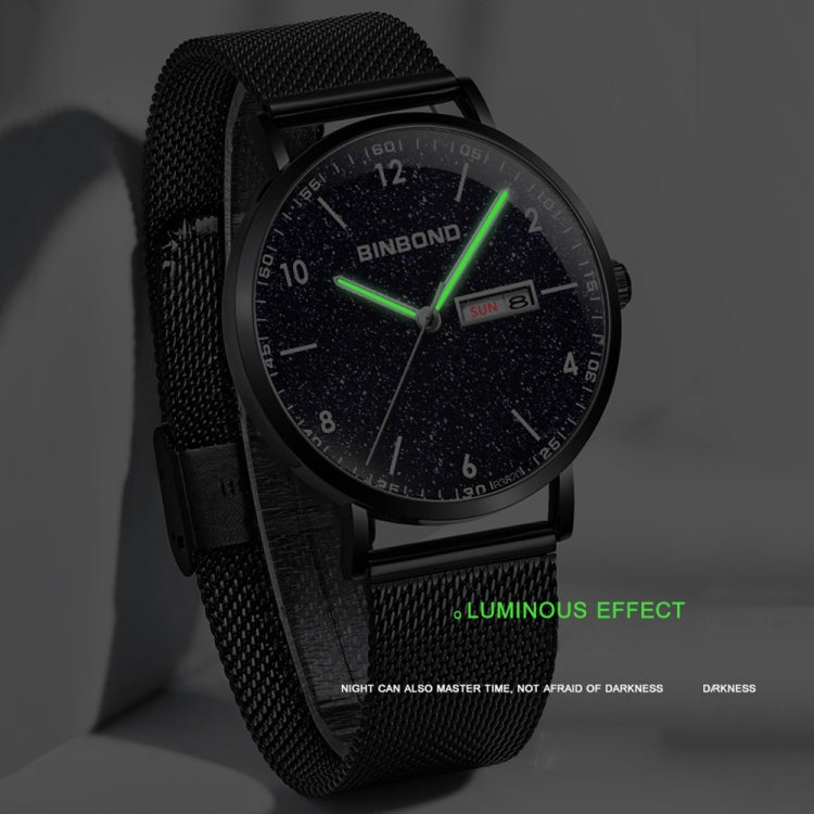 BINBOND B3820 30M Waterproof Ultra-thin Quartz Luminous Starry Watch, Color: Black Leather-White-White - Metal Strap Watches by BINBOND | Online Shopping UK | buy2fix
