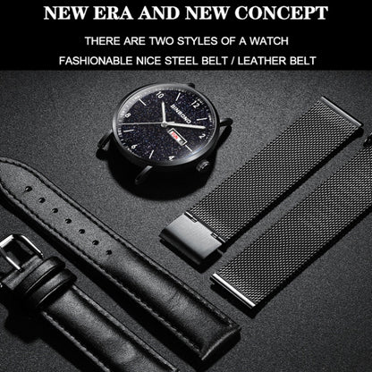 BINBOND B3820 30M Waterproof Ultra-thin Quartz Luminous Starry Watch, Color: Black Leather-White-White - Metal Strap Watches by BINBOND | Online Shopping UK | buy2fix