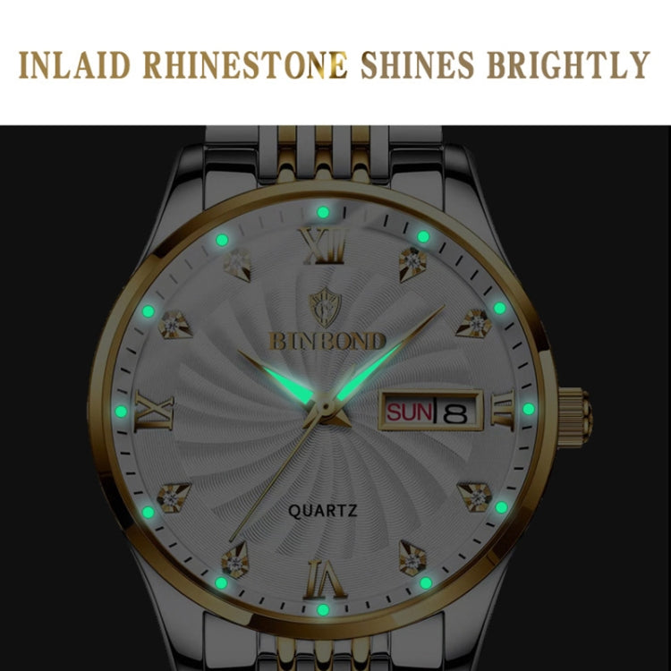BINBOND B3034 Diamond 30m Waterproof Business Watch Men's Butterfly Buckle Luminous Quartz Watch(White Steel-White) - Metal Strap Watches by BINBOND | Online Shopping UK | buy2fix