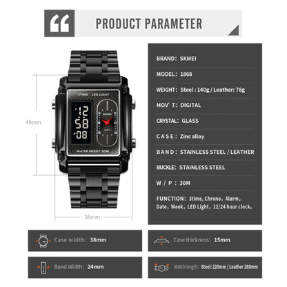 SKMEI 1868 Square Double Display Waterproof Men Watch, Style: Leather Belt (Black) - LED Digital Watches by SKMEI | Online Shopping UK | buy2fix