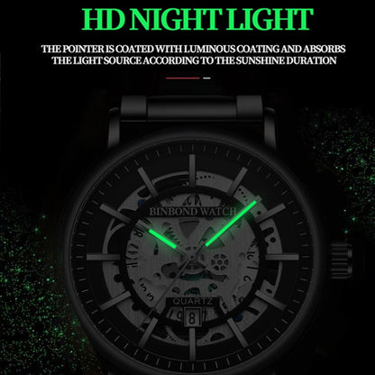 BINBOND B7872 Multifunctional Hollow Luminous Waterproof Quartz Watch, Color: Black Leather-White-Black - Leather Strap Watches by BINBOND | Online Shopping UK | buy2fix