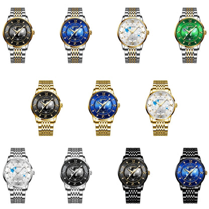 BINBOND B1117 30M Waterproof Earth Dial Butterfly Buckle Luminous Quartz Watch(Black Steel-Blue-Gold) - Metal Strap Watches by BINBOND | Online Shopping UK | buy2fix